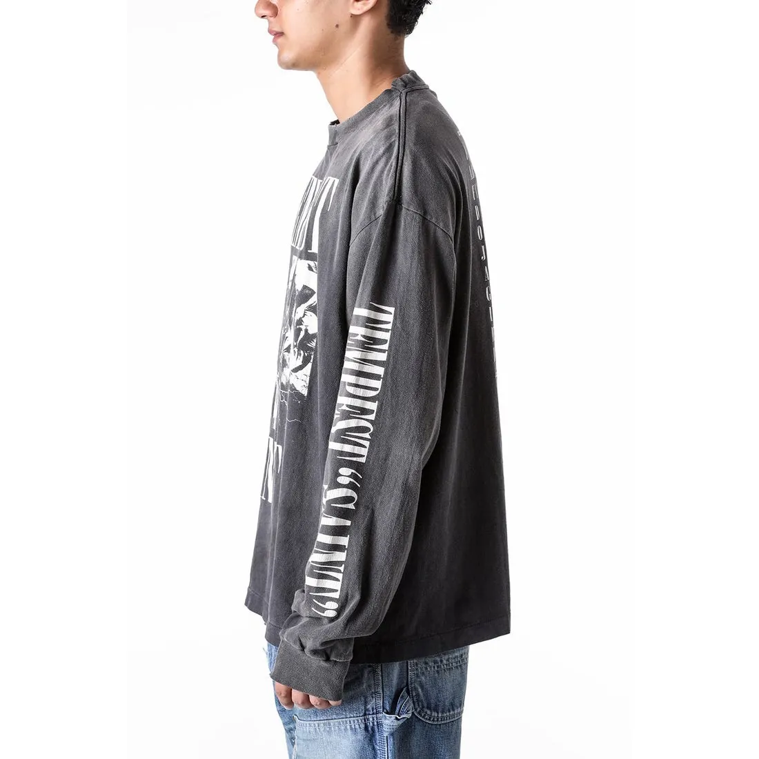 SAINT Mxxxxxx LS TEE/TEMPEST/BLK 'TEMPEST SAINT' Storm Religious Saints Cracked Retro Vulcanized Heavy Wash Long Sleeves Washed Black S-XL Assute Dyeing Multi-bit Horse Fading Craftsmanship Grinding and Hanging Holes Full of Old Feeling Top Printing Craftsmanship Purchasing Level